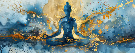A mystical watercolor artwork of a person in lotus pose, with an ethereal, abstract aura of shimmering gold and deep blue, creating a sense of otherworldly power.の素材