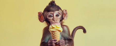 A cute monkey holding a banana split ice cream cone, standing against a pale yellow backdrop. The monkey's tail is curled, and the ice cream looks fun and tasty.の素材