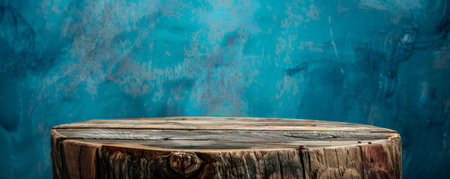 Rustic wooden podium with visible grain and texture, ideal for presenting quality products, set against a bright cyan background. The vibrant color creates a striking contrast with the old wood.の素材
