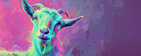 A cute goat with wool in neon shades of pink, green, and blue, standing against a pastel purple backdrop. The bright colors create a playful contrast with the soft background.の素材
