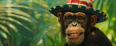 Portrait of a playful monkey in a stars and stripes hat on a vibrant green background. The monkey's cheeky smile and the patriotic hat make for a fun and endearing scene.の素材