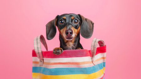 A happy Dachshund pokes its head out of a striped tote bag against a pastel pink background, its eyes wide with excitement.の素材