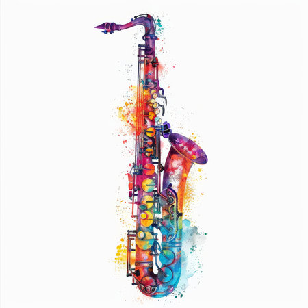 A colorful watercolor illustration of a clarinet, displaying a range of vivid colors and intricate details, isolated on white background.の素材