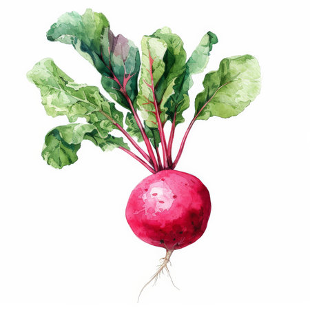 A watercolor illustration of a fresh radish, showing its bright red skin and green leafy tops, isolated on white background.の素材