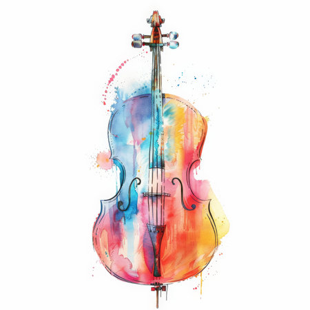 A colorful watercolor illustration of a cello, with a harmonious blend of vibrant colors and detailed textures, isolated on white background.の素材
