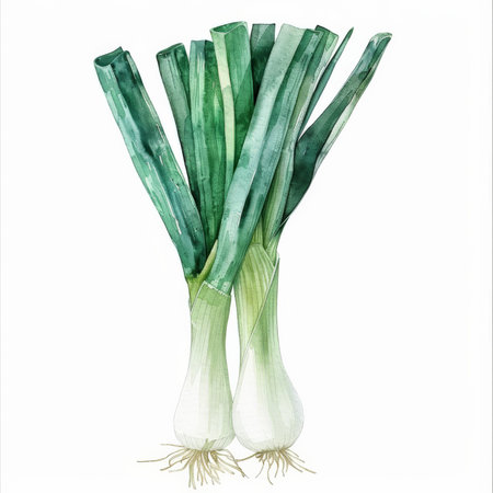 A watercolor illustration of a fresh leeks, showing its long green tops and white bulb, isolated on white background.の素材