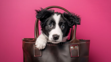 A cheerful Border Collie puppy peeks out of a stylish leather tote bag against a vibrant magenta background, its eyes sparkling with happiness.の素材