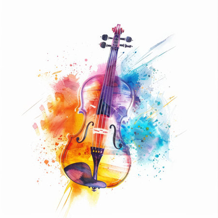 A colorful watercolor illustration of a violin, displaying a blend of bright and vivid colors, isolated on white background.の素材
