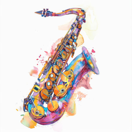 A colorful watercolor illustration of a saxophone, showcasing a mix of striking colors and intricate details, isolated on white background.の素材