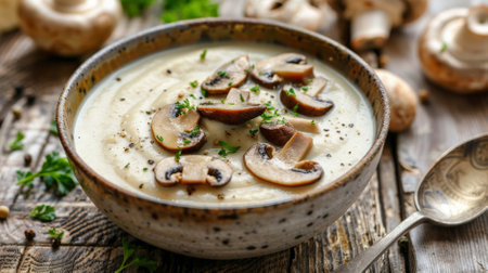 Creamy mushroom puree soup served in a rustic stoneware bowl, garnished with sautÃÂ©ed mushrooms and a sprinkle of parsley, on a rustic wooden table.の素材