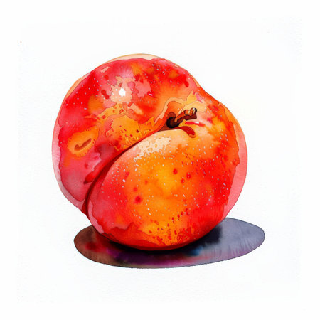 A watercolor painting of a fresh nectarine, showing the smooth, glossy skin and vibrant orange-red hues, isolated on white background.の素材