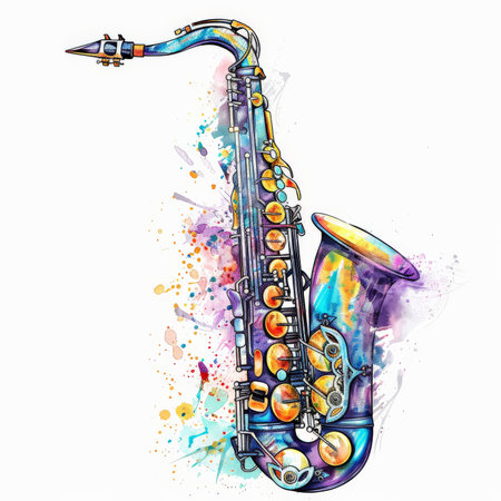 A colorful watercolor illustration of a saxophone, showcasing a mix of striking colors and intricate details, isolated on white background.の素材
