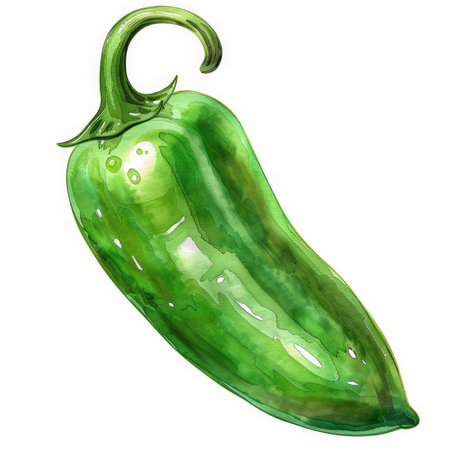 A watercolor painting of a fresh jalapeÃÂ±o pepper, showing its bright green color and glossy skin, isolated on white background.の素材