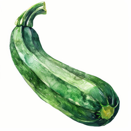 A watercolor painting of a fresh zucchini, showing its glossy green skin and unique shape, isolated on white background.の素材