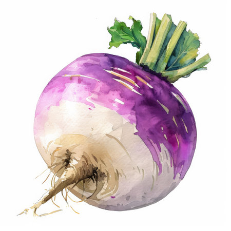 A watercolor painting of a fresh turnip, showing its white and purple skin, isolated on white background.の素材