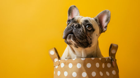 A playful French Bulldog sits in a polka-dotted tote bag against a vibrant yellow background, looking up with a joyful expression.の素材