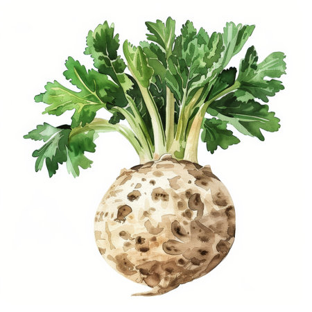 A watercolor illustration of a whole celeriac, showing its rough brown skin and green tops, isolated on white background.の素材