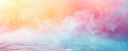 An ethereal, abstract misty fog in a spectrum of colors wafts through the scene, creating a mystical and dreamlike atmosphere on a vibrant background.の素材