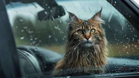 A heartbroken Maine Coon cat sits in the passenger seat of a closed car, looking out of the closed window with a look of deep sadness.の素材