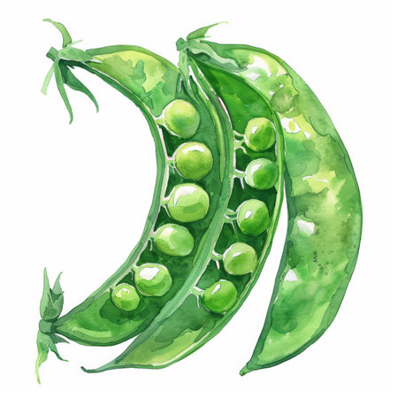 A watercolor illustration of a fresh snap pea pod, showing its bright green color and plump peas, isolated on white background.の素材