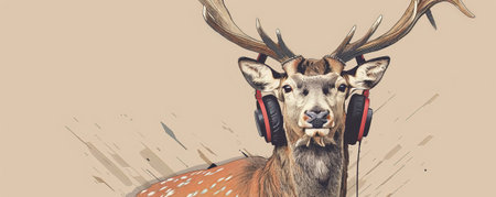 A hip deer with trendy headphones, listening to acoustic music. Drawn in a minimalist style with clean lines and a muted color scheme.の素材