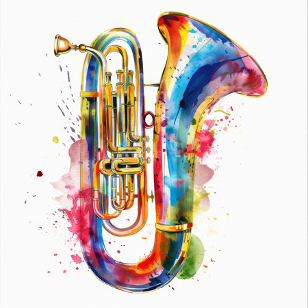 A colorful watercolor illustration of a tuba, featuring a bold and dynamic spectrum of colors, isolated on white background.の素材