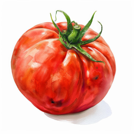 A watercolor painting of a ripe tomato, showing its bright red skin and green stem, isolated on white background.の素材