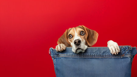 A joyful Beagle peeks out from a denim tote bag against a vibrant red background, its tail wagging in delight.の素材