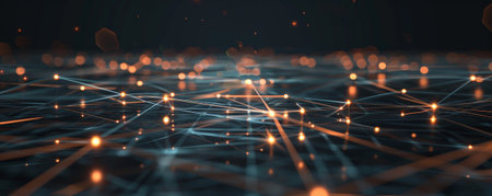 An advanced technology-themed illustration featuring a square grid, lines connecting dots, and glowing points, representing the complexity of modern digital networks.の素材