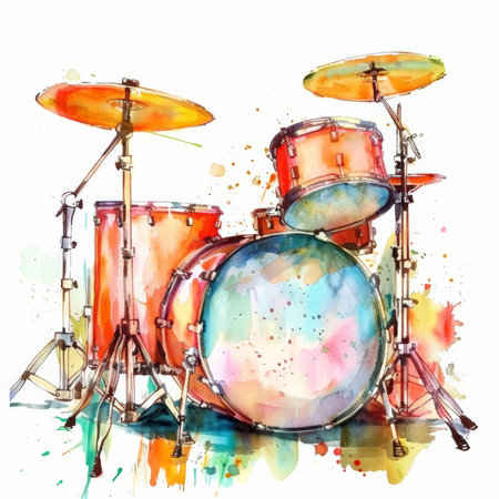 A colorful watercolor illustration of a drum set, featuring a range of vibrant colors and detailed textures, isolated on white background.の素材