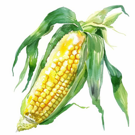 A watercolor illustration of a fresh corn cob, showing its yellow kernels and green husks, isolated on white background.の素材