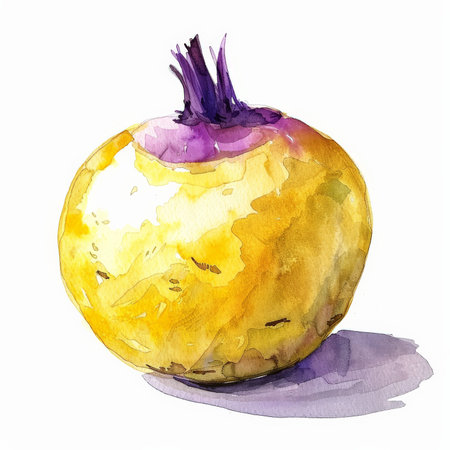 A watercolor painting of a whole rutabaga, showing its yellowish skin and purple top, isolated on white background.の素材