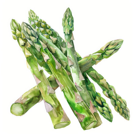 A watercolor illustration of fresh asparagus spears, showing their detailed textures and vibrant green color, isolated on white background.の素材