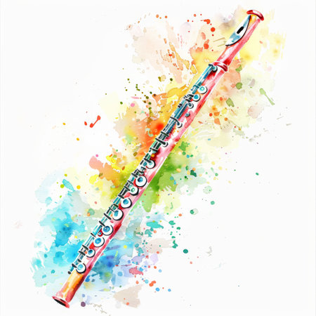 A colorful watercolor illustration of a flute, displaying a spectrum of bright and lively colors, isolated on white background.の素材