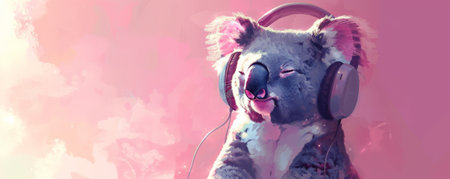 A chill koala with modern headphones, listening to soothing music. Illustrated in a soft, calming style with pastel colors.の素材