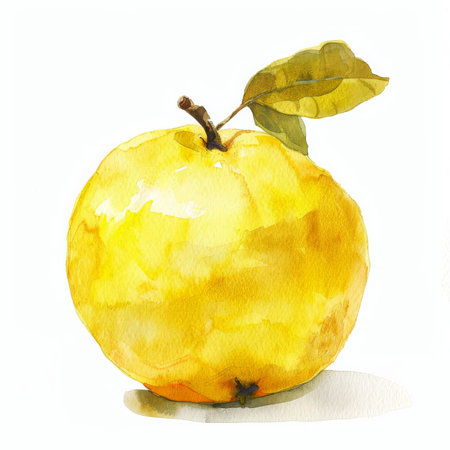 A watercolor painting of a fresh quince, showing the detailed yellow skin and a hint of the juicy interior, isolated on white background.の素材