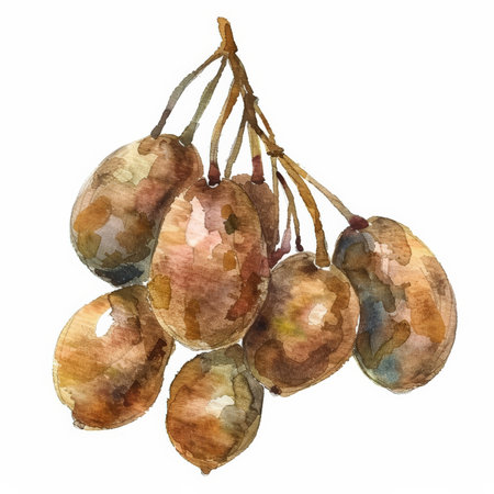 A watercolor illustration of a group of fresh longans, each with a detailed texture and brown color, isolated on white background.の素材