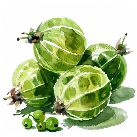 A watercolor illustration of a group of fresh gooseberries, each with a detailed texture and green color, isolated on white background.の素材