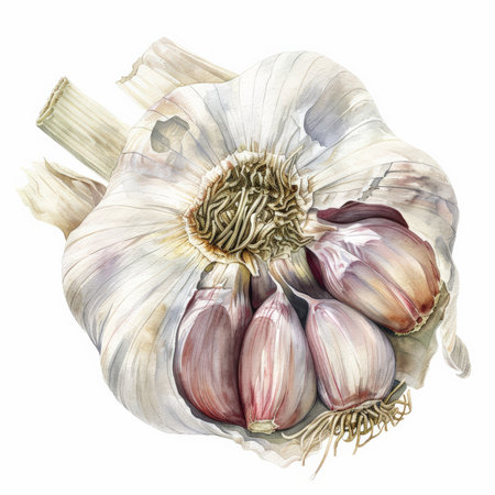 A watercolor illustration of a head of garlic, showing its white cloves and papery skin, isolated on white background.の素材