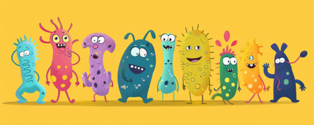 A colorful illustration of cute, animated bacteria characters, each with unique features, standing together on a bright yellow background, emphasizing their charming and quirky personalities.の素材