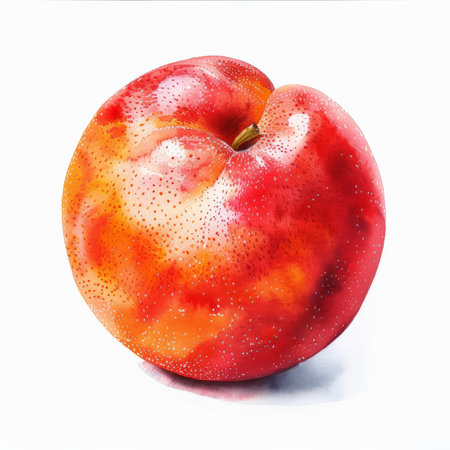 A watercolor painting of a fresh nectarine, showing the smooth, glossy skin and vibrant orange-red hues, isolated on white background.の素材