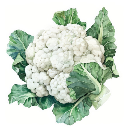 A watercolor painting of a fresh cauliflower, with detailed white florets and green leaves, isolated on white background.の素材
