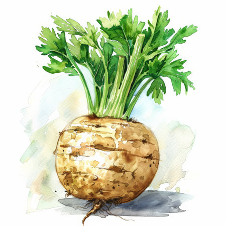A watercolor illustration of a whole celeriac, showing its rough brown skin and green tops, isolated on white background.の素材