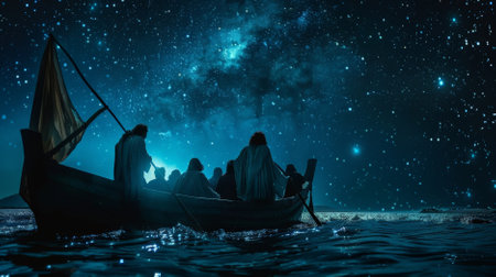 Jesus walking on water, with the disciples in a boat watching in amazement, under a starry night sky.の素材