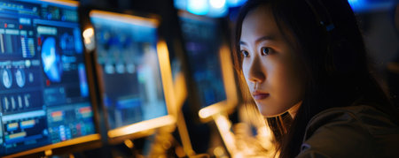 A skilled cybersecurity analyst, a Chinese female, with expertise in advanced threat detection and robust security protocols, working diligently at a sophisticated security setup.の素材