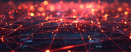 Futuristic technology illustration featuring a square grid, lines connecting various points, and illuminated dots, symbolizing the digital network's complexity.の素材