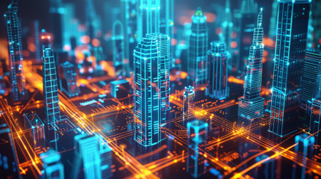 A virtual city with neon blue and orange lines depicting buildings and roads. The glowing colors and intricate designs give the city a modern, high-tech feel.の素材