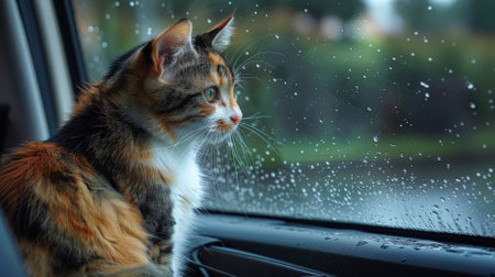 A sad calico cat sits on the driver's seat of a car with a closed window, its eyes full of melancholy as it watches the rain outside.の素材
