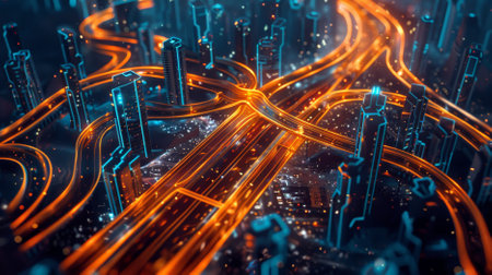 A digital metropolis with neon blue and orange lines creating the shapes of buildings and highways. The glowing lines give the city a vibrant, futuristic look.の素材