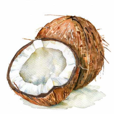 A watercolor illustration of a fresh coconut, showing the rough brown exterior and a cut-open view of the white interior, isolated on white background.の素材